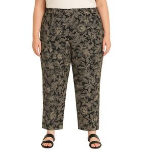 Lane Bryant Women's 14 Linen Pants Black White Floral Elastic Waist